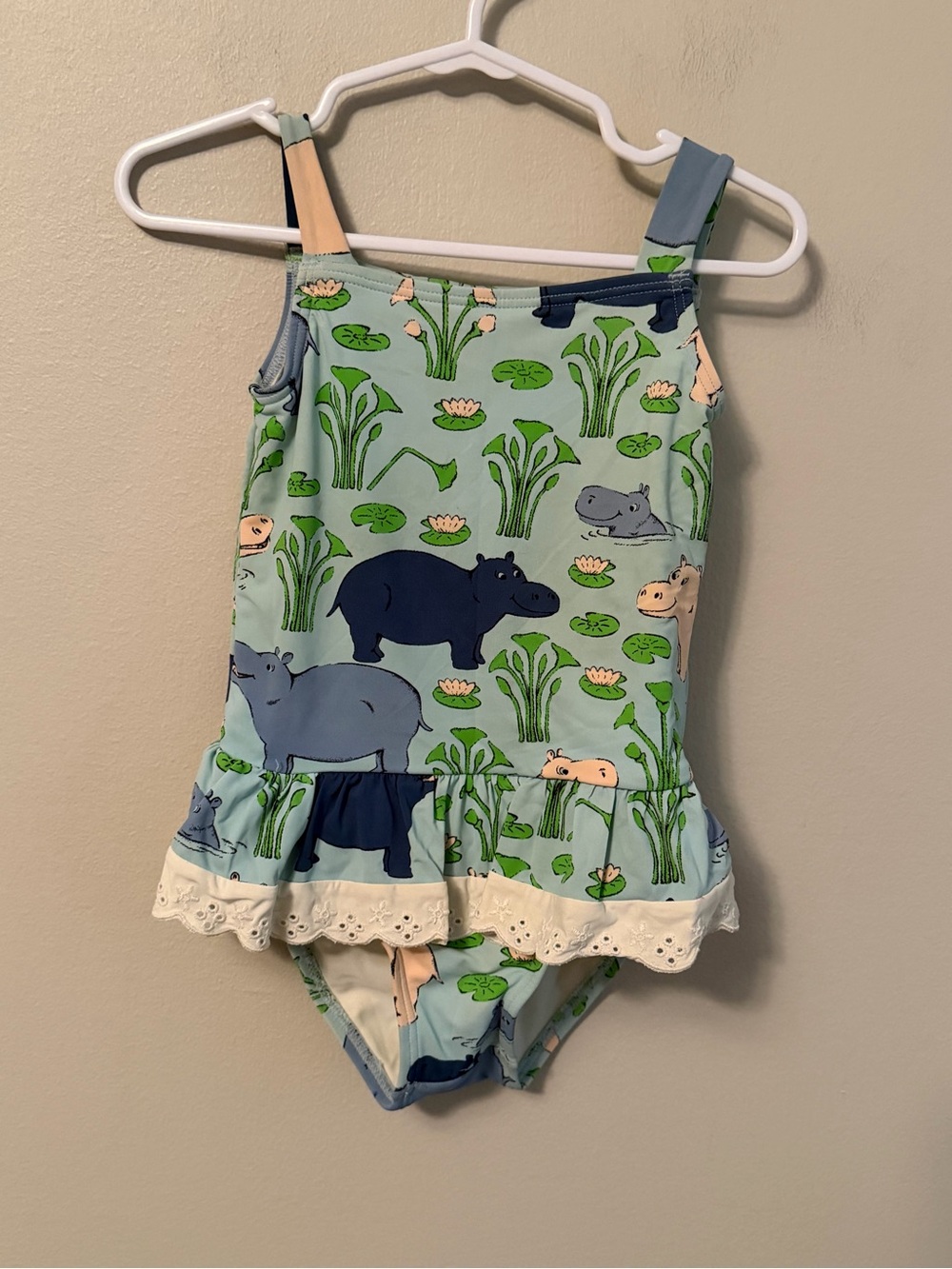 The Beaufort Bonnet Company Hippo Print Light Blue Ruffle One-Piece Swimsuit